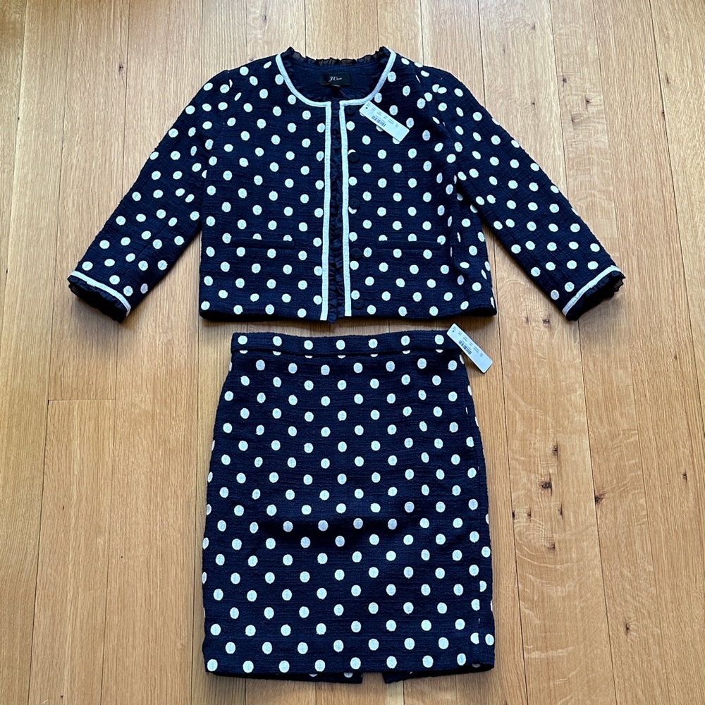 J. Crew Navy and White Polka Dot Blazer and Skirt Set